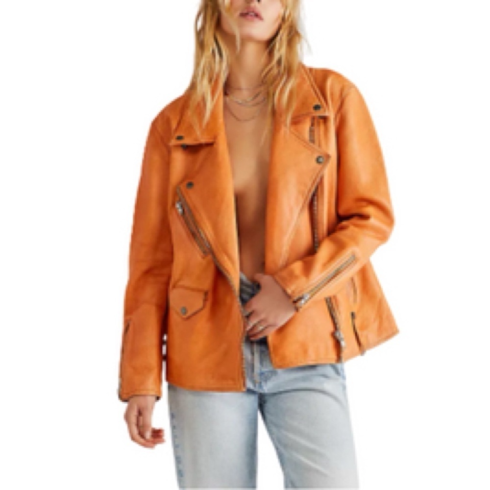 Free People Jealousy Leather Moto Jacket Orange Tan Brown Small